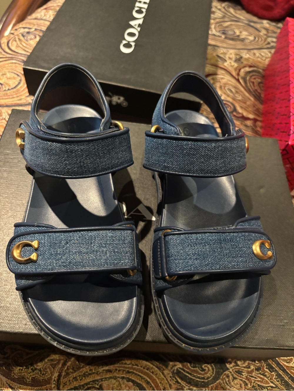 Coach Denim Navy Sandals with Gold 'C' Accents